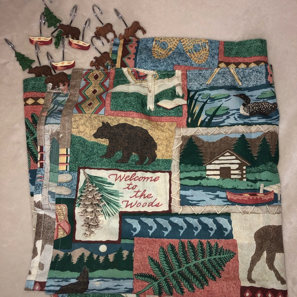 Rustic Cabin Shower Curtain and Matching Hooks Feature Charming Wildlife Designs